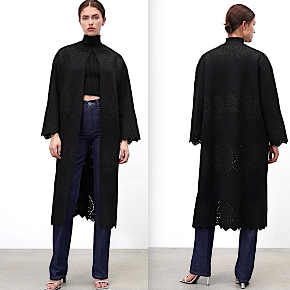 NWT Zara Limited Edition Longline Embroidered Open Front Duster In Black